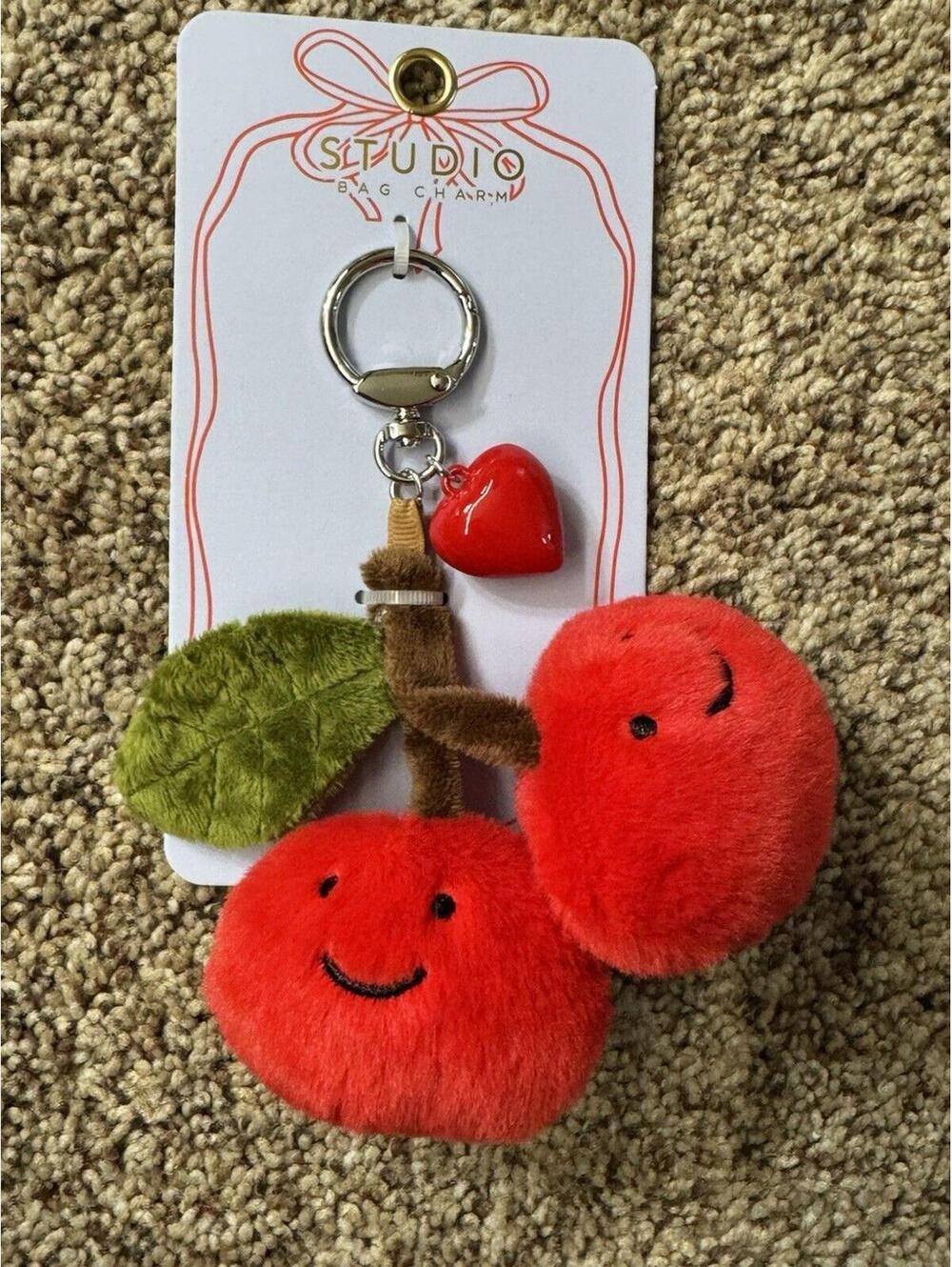 Studio Plush Cherry Key Chain with Heart Charm and Smiling Faces Cute Style
